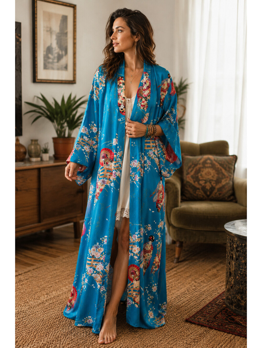 Vintage Japanese JUGUEMM Turquoise Cotton Yukata Kimono Robe Geisha Print 63"